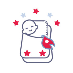 Wrapped baby in blanket icon with stars and smiling face in red and blue colors
