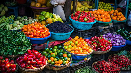 Photo Vibrant Fresh Produce Market Display Colorful Fruits Vegetables