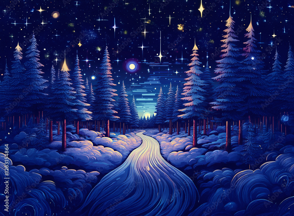 Poster enchanting night forest scene with a winding path leading to a distant light under a starry backgrou
