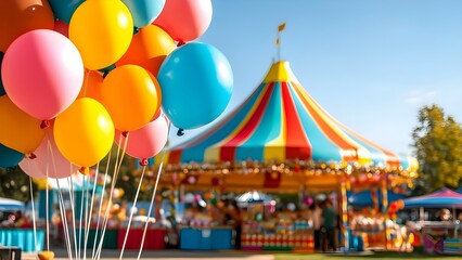 A colorful carnival scene with vibrant balloons and a striped tent bustling with activity. Concept Carnival Atmosphere, Vibrant Balloons, Striped Tent, Joyful Activities, Festive Energy