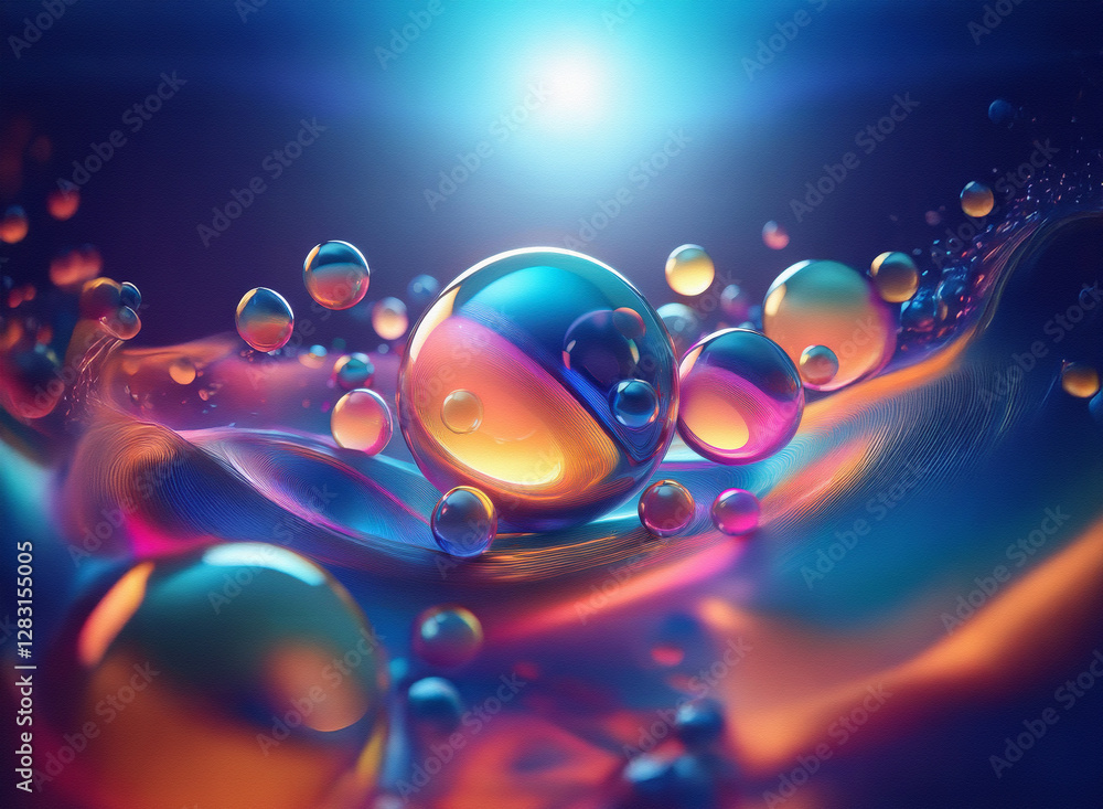 Poster iridescent spheres float on a wavy surface. a bright light source illuminates the dark background, c