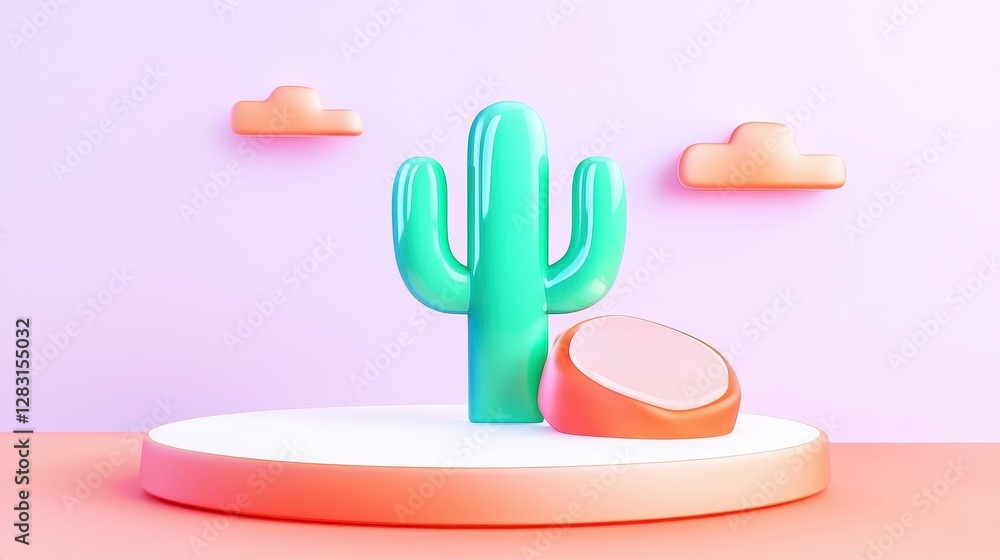 Poster vibrant neon cactus shaped light fixture on an isolated display with soft colorful background