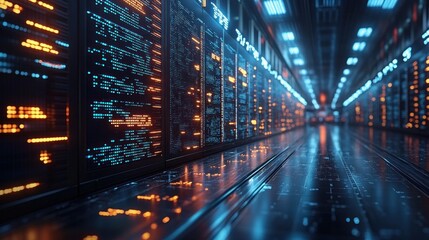 Futuristic server room displays data