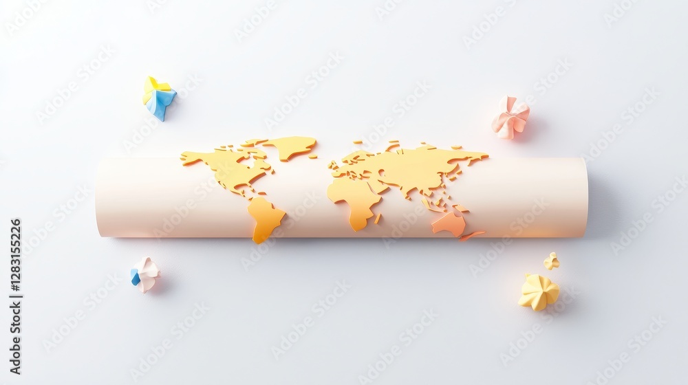 Poster detailed paper map of the world rolled into a scroll with colorful decorative elements on a light ba