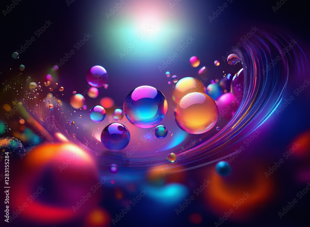 Poster vibrant background with colorful orbs floating and swirling, creating a dynamic and futuristic abstr