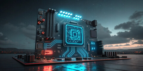  Futuristic cyber-themed technology display with neon lights, reflecting digital transformation, computing power, and the future of artificial intelligence.