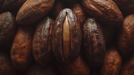 Naklejka premium raw roasted cocoa beans top view with dark brown organic chocolate seed and natural tropical pod as sweet food ingredient in plant texture heap