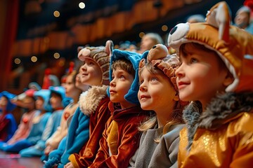 Fototapeta premium Kids in Costume Practicing Lines on Vibrant, Well-Lit Stage.