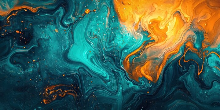 Abstract teal and orange marble pattern background, swirling liquid shapes, with golden glitter accents