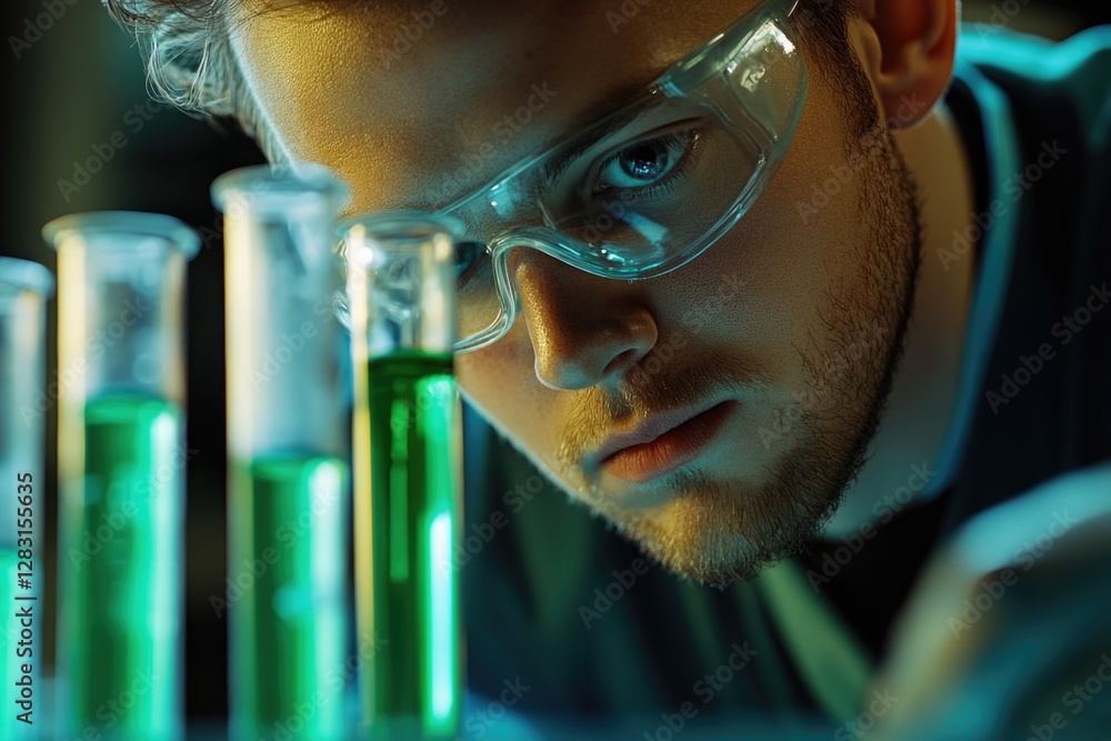 Poster A scientist in a lab coat and goggles examines a sample of green liquid, perfect for depicting scientific experimentation or research