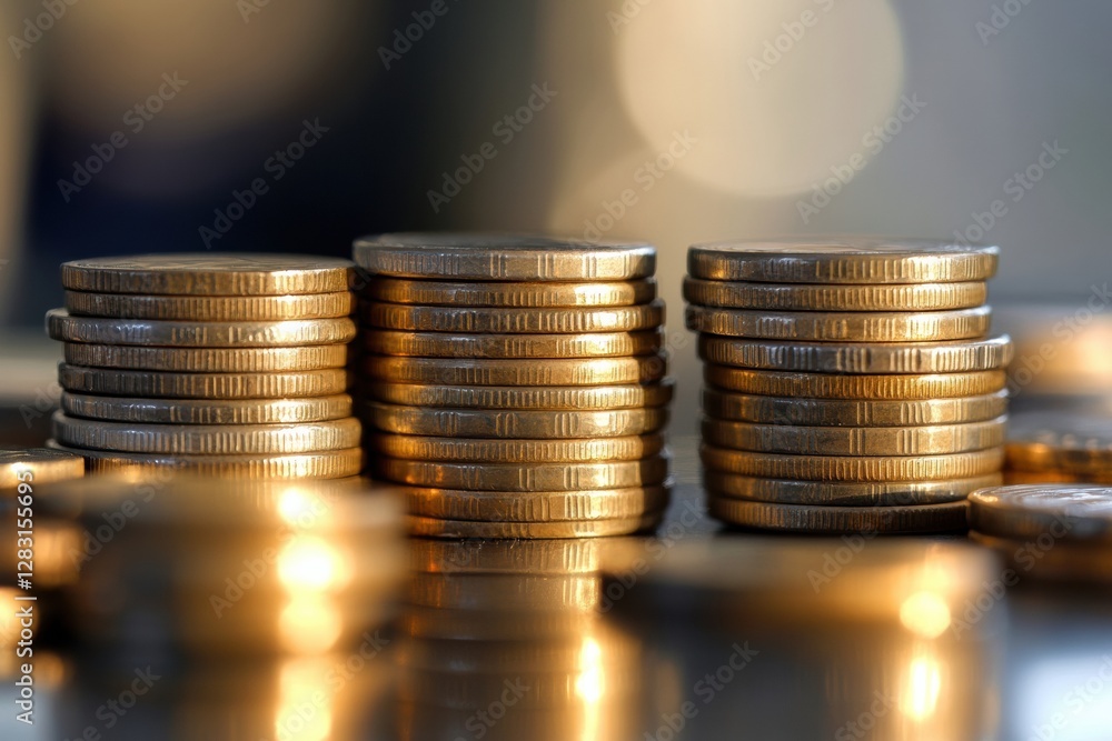 Poster stacks of shiny coins arranged neatly on a reflective surface during indoor lighting. generative ai