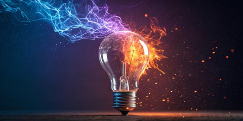  Glowing light bulb with electric sparks representing power, creativity, innovation, artificial intelligence, and futuristic digital transformation