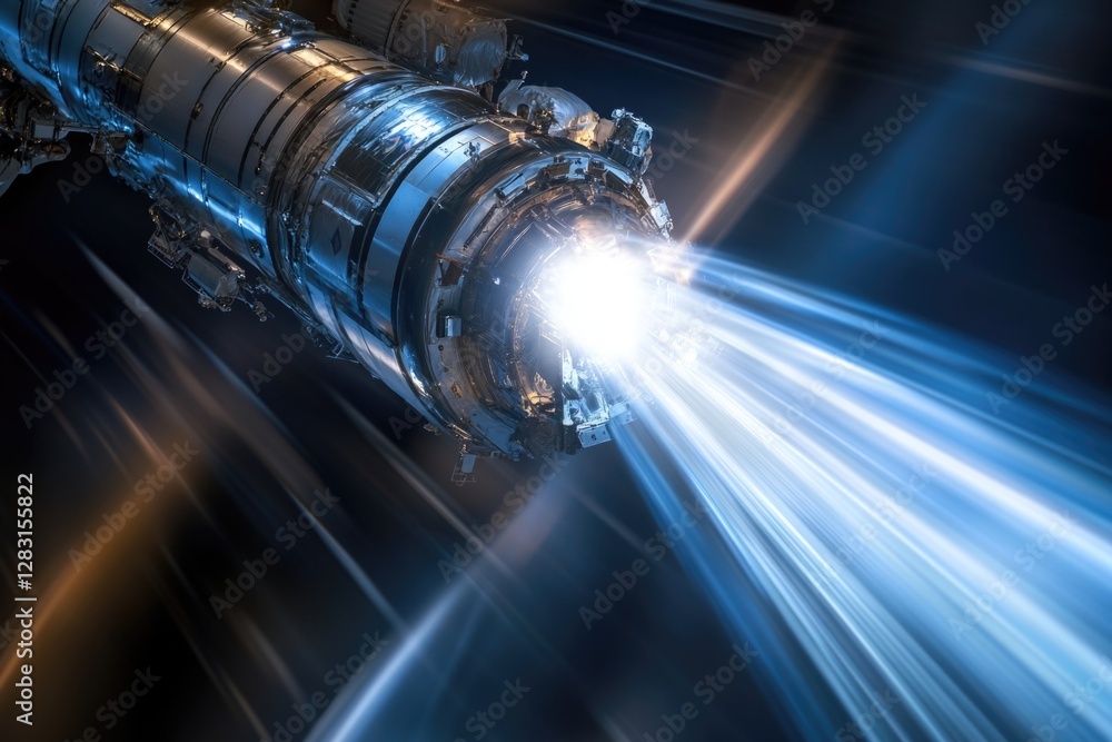 Poster a futuristic space station with a bright beam of light emerging from its surface, ideal for sci-fi a
