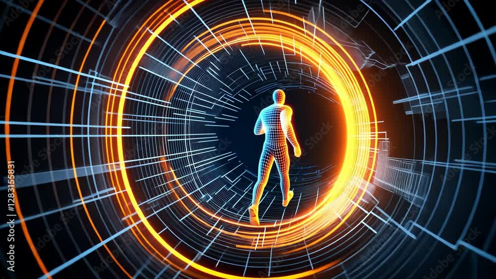 Poster digital figure running through glowing futuristic tunnel with vibrant orange and blue lines, creatin