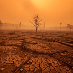 Lone tree standing in cracked earth after wildfire, climate change impact
