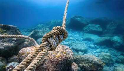 Fototapeta premium A thick rope with a secure knot is tied to a rock underwater, surrounded by clear blue water and rugged ocean stones.