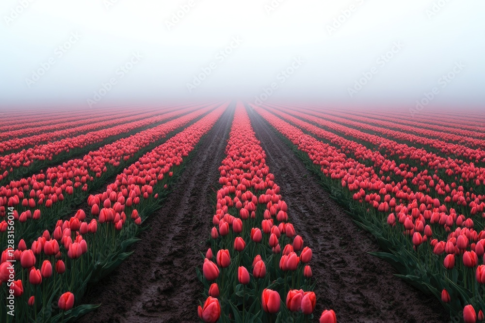 Poster a dense fog covers a field with bright red tulips growing through it, creating a striking scene