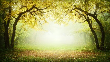 Fototapeta premium Autumn Forest Path with Yellow Leaves and Sunlight