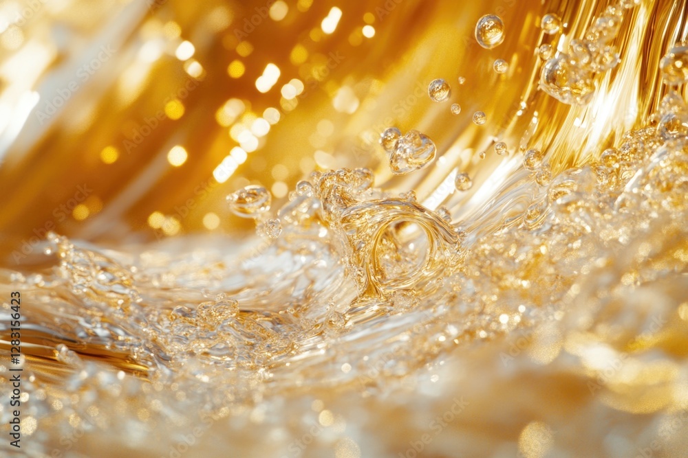Poster a close-up shot of a golden liquid wave with smooth, flowing texture and bright sunlight reflecting 