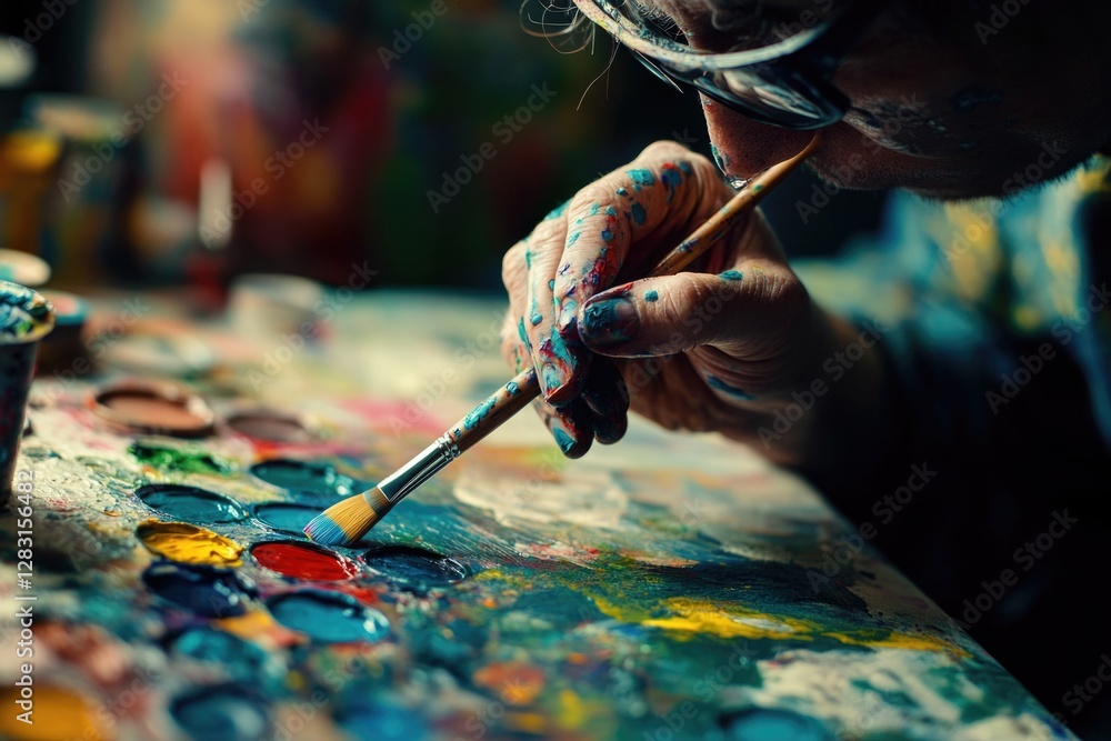Poster a person paints with a brush on a table, creating art