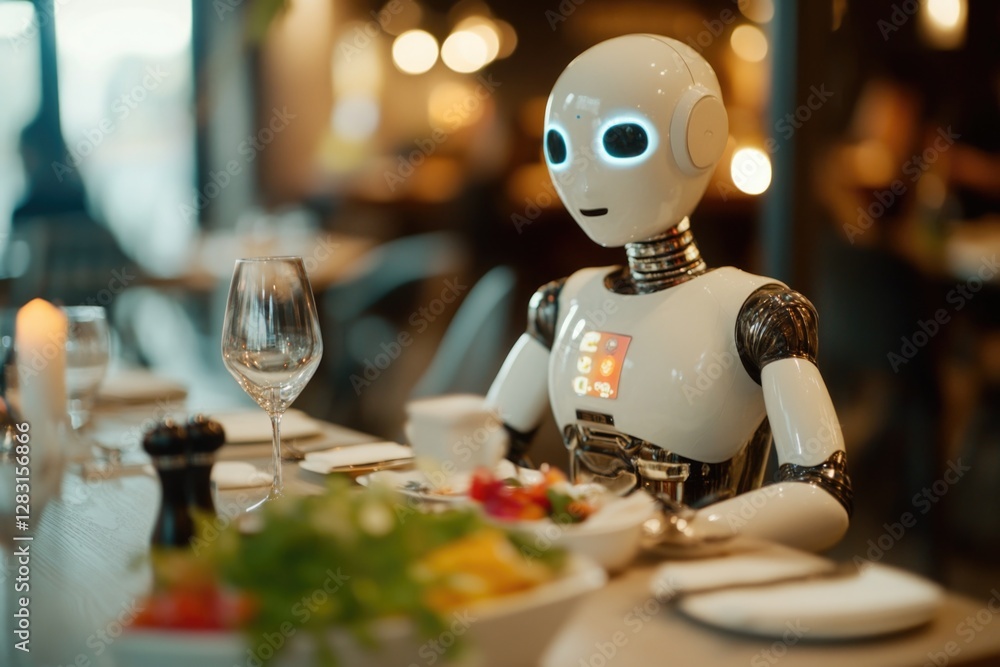 Poster a robot sitting at a table with a plate of food, perfect for illustrations and designs about technol