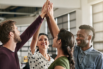 Hands together, unity and business people in office with solidarity, collaboration or teamwork....