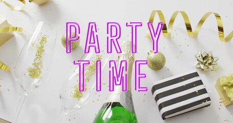 Image of party time text over cocktail glasses and bottle on white background