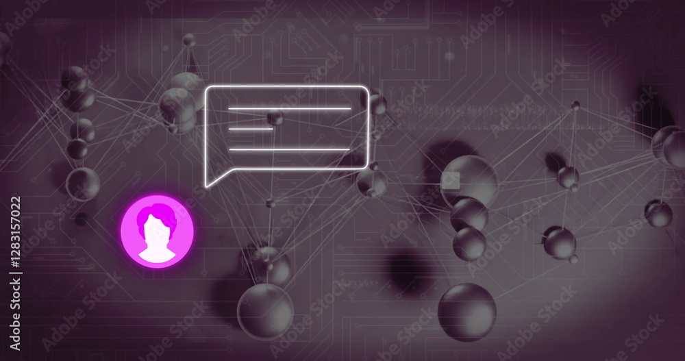 Poster chat bubble and user icon image over digital network background with connected spheres