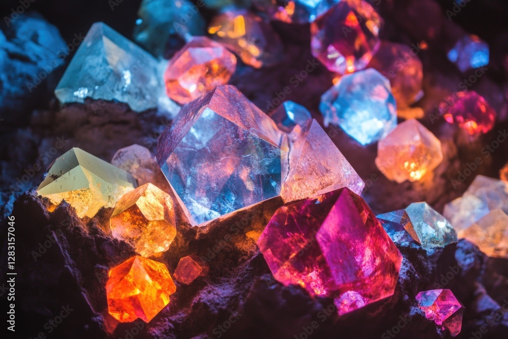 Poster a cluster of colorful crystals perched on the top of a rock, ideal for use in illustrations about na