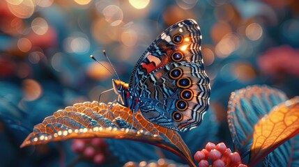 A beautiful butterfly resting on a leaf in a colorful garden