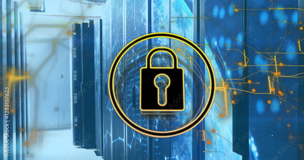 Poster image of padlock icon, digital data processing over computer servers