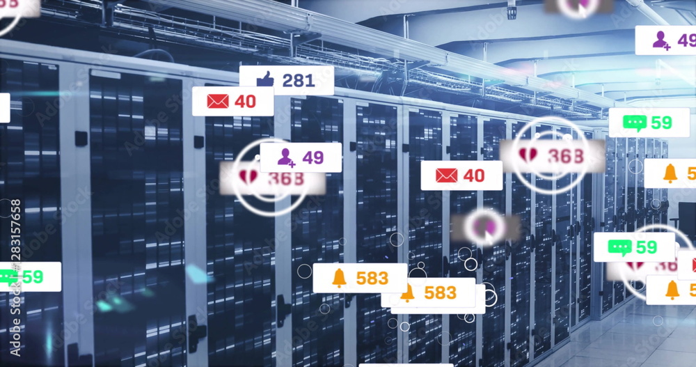 Poster image of digital icons and data processing over computer servers