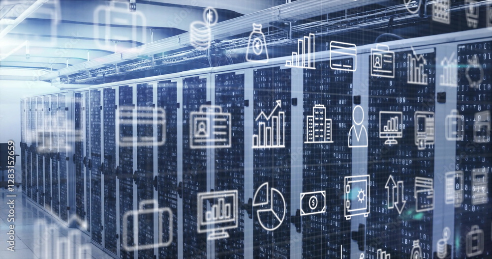 Poster image of digital icons and data processing over computer servers