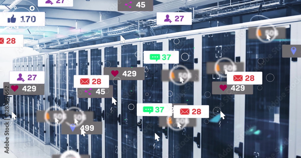 Poster image of digital icons and data processing over computer servers
