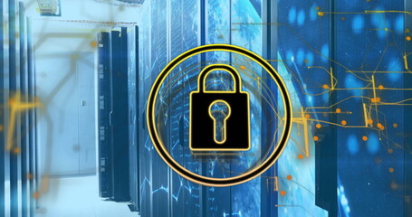 Image of padlock icon, digital data processing over computer servers