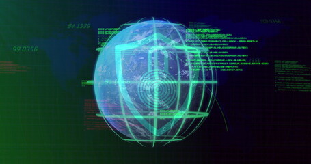 Image of data processing and padlock over globe and world map