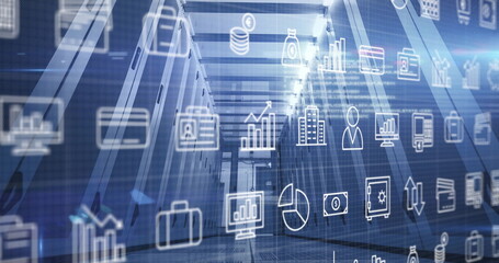 Image of digital icons and data processing over computer servers