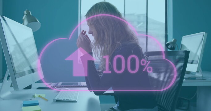 Image of digital clouds with percent growing over tired caucasian businesswoman