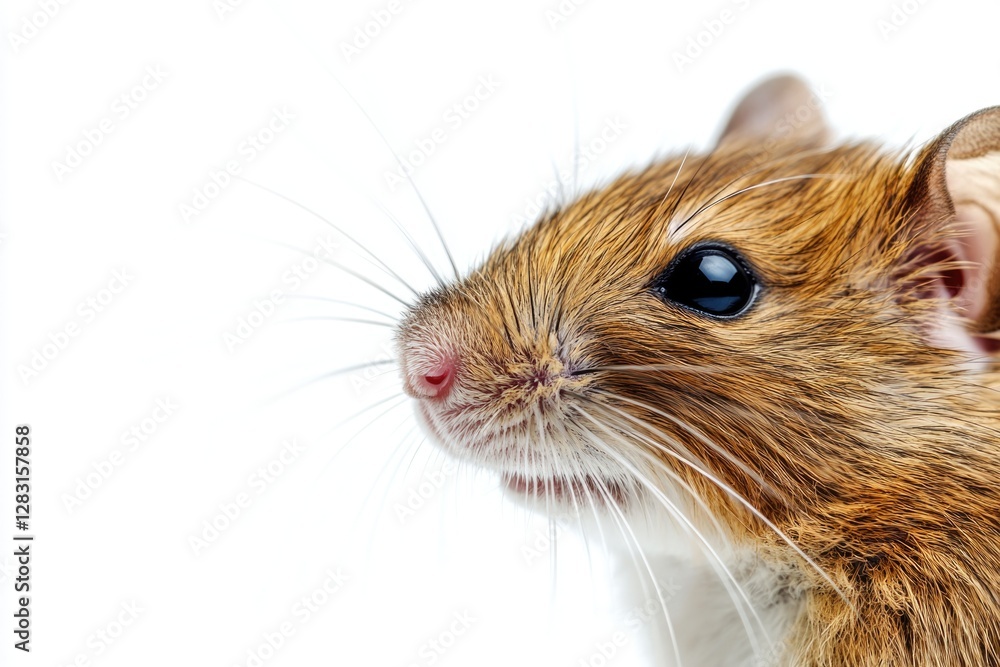 Poster close-up shot of a small mouse on a white background, suitable for use in illustrations or designs r