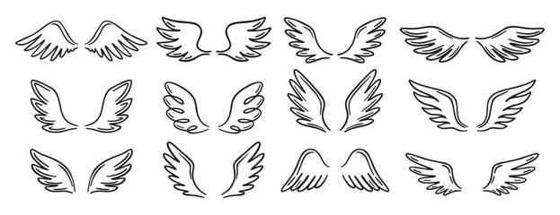 Angel wing doodle hand drawn icon set. Outline drawing angel wings line clipart symbol collection