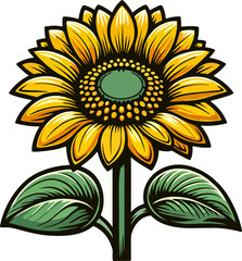 Fototapeta premium Radiant Sunflower Illustration, The sunflower features rich golden-yellow petals with intricate shading, a textured green and brown center, and lush green leaves.