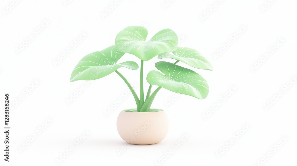 Poster isolated large fig tree with thick broad leaves in a simple pot against a soft white background