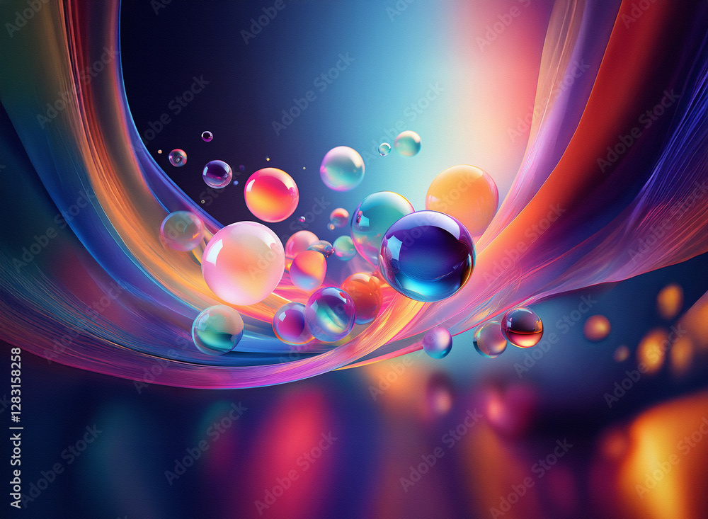 Poster iridescent spheres float dynamically against a vibrant blurred background. colorful orbs create dept