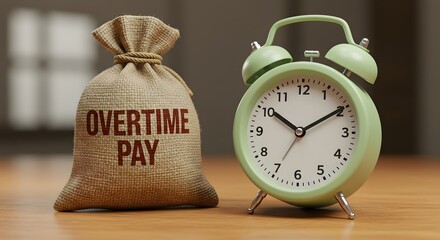 a money bag with overtime pay near a clock. Concept of additional compensation payment and incentive to work overtime. Wage increases, bonuses, extra hours, payroll benefits for hard work