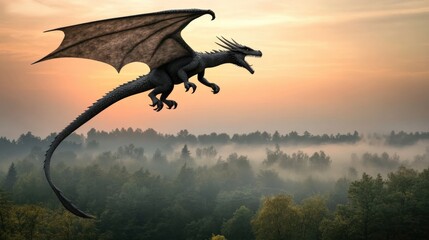 Obraz premium Majestic Black Dragon Flying Over Misty Forest at Sunrise