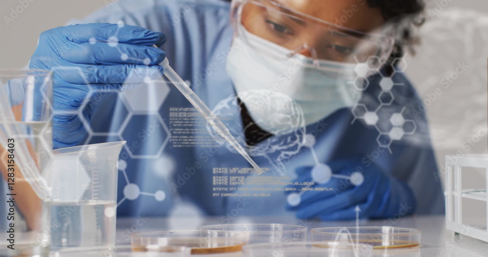 Poster image of science data processing over biracial female scientist doing experiment