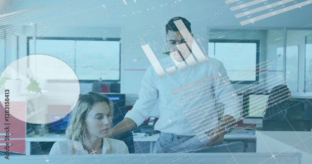 Poster image of data processing and diagrams over diverse colleagues using computer in office