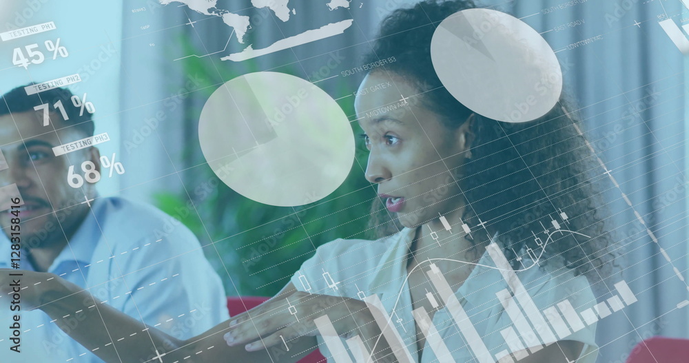 Poster image of data processing and diagrams over diverse colleagues talking in office