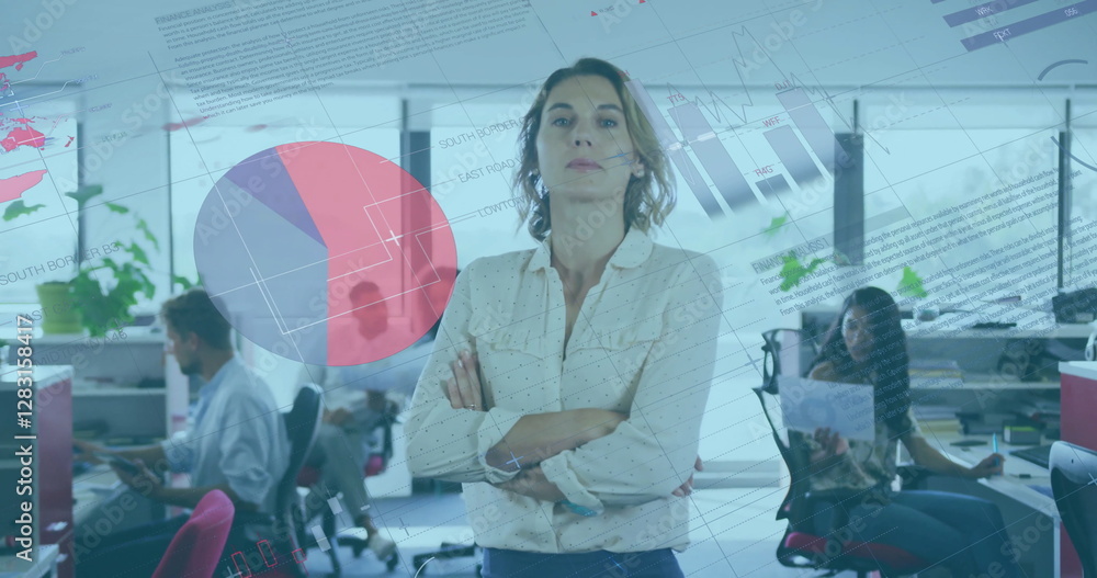 Poster image of data processing and diagrams over diverse colleagues working in office