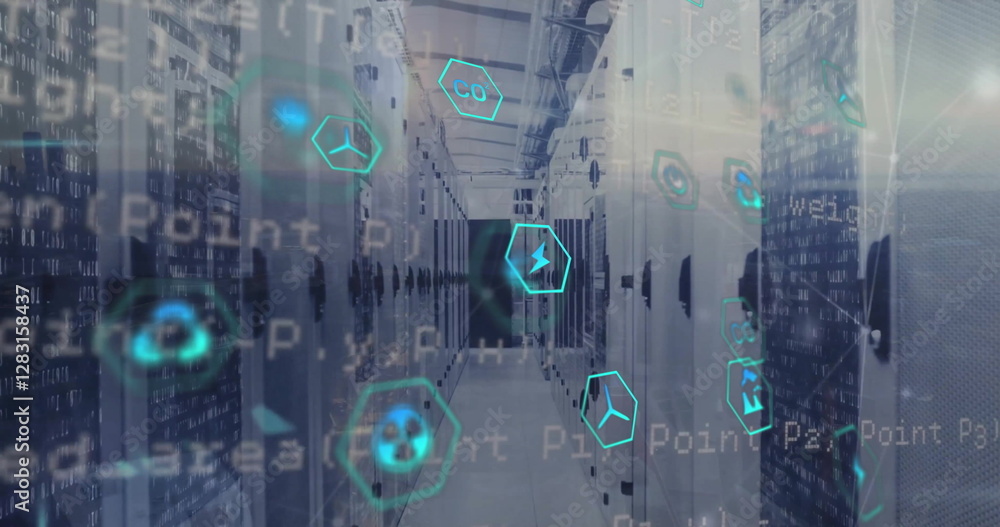 Poster image of eco icons and digital data processing over computer servers